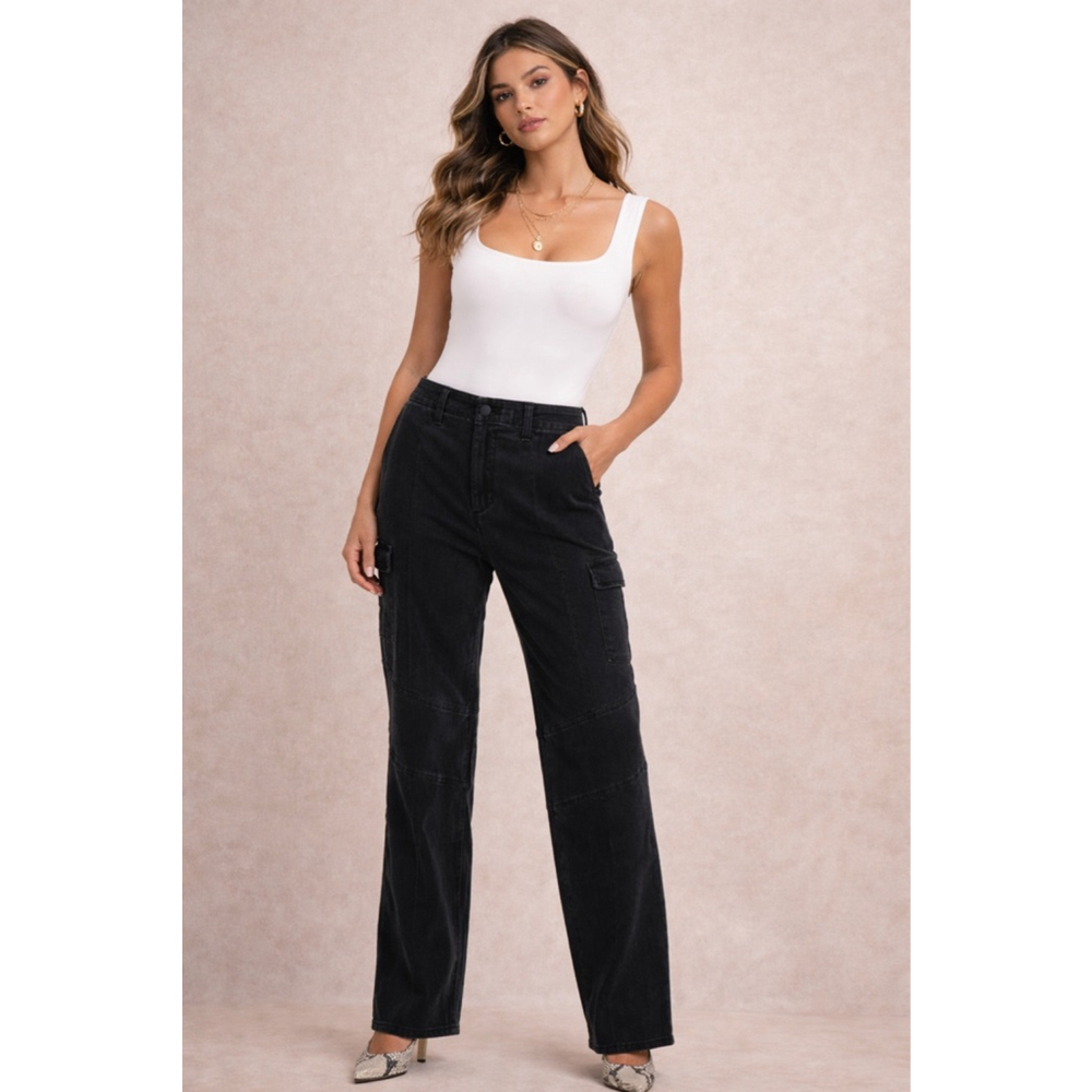 L’AGENCE Brooklyn High Rise Utility Wide Leg Cargo Jeans Noir Black 28